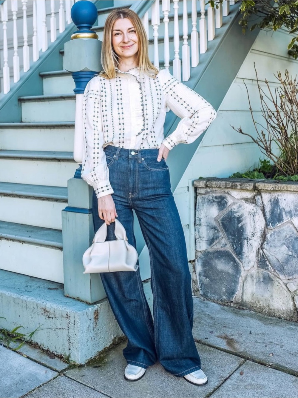 SEZANE NWT White Blue Cream Floral Embroidered Ruffle Button Down Chlo Shirt Top - Picture 10 of 17